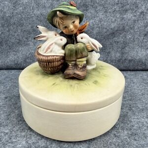 M J Hummel Playmates Boy Rabbits  Bowl Trinket Box Lid Vintage Powder Candy